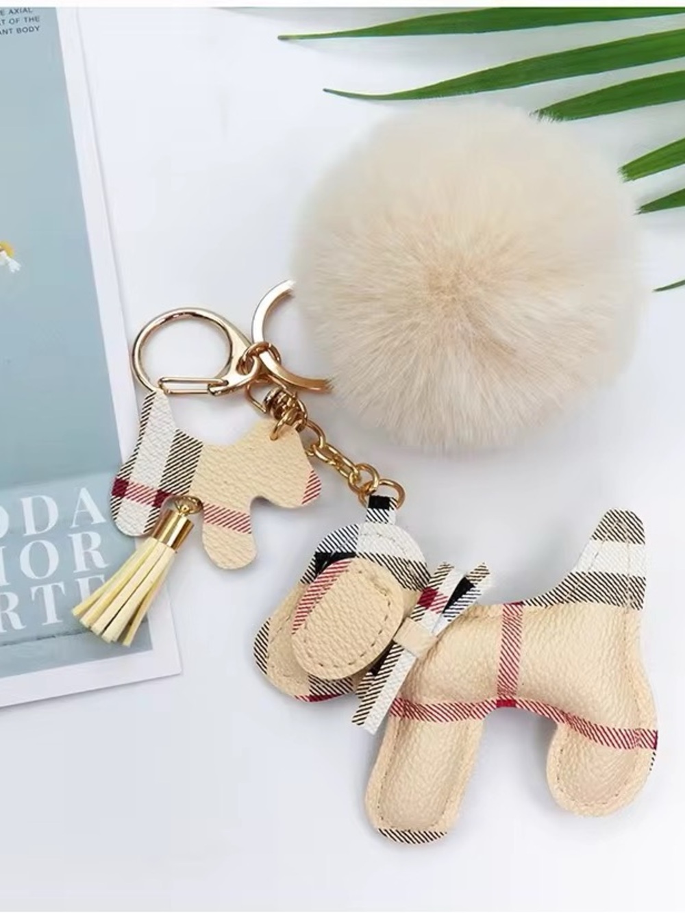 Plaid Dog Pom Pom Keychain with Tassel - Beige Plaid